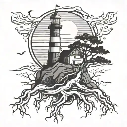Lighthouse Standing With Tree Roots Spreading