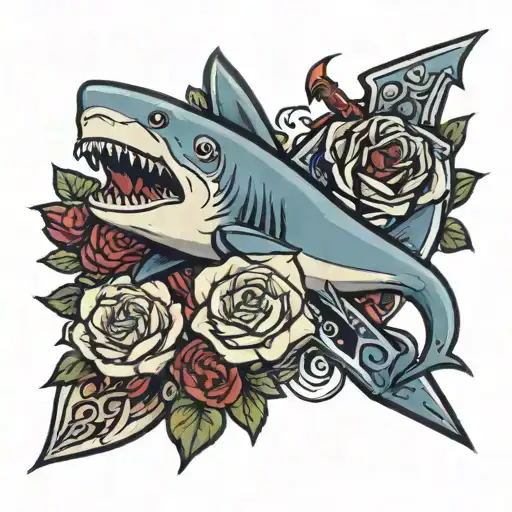 Cute Friendly Plush Shark And A Sword With Roses Growing