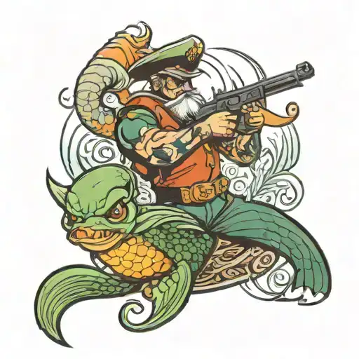 Captain Claw Loading Gun Against A Mermaid