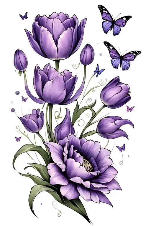 Purple Tulips And Butterflies Fluttering