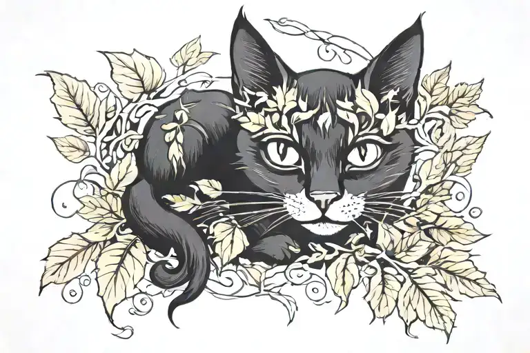 Black Cat And Leaves Intertwined