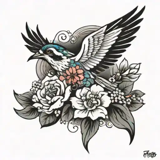 Flying Bird With Flowers