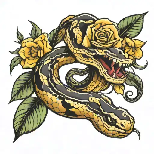 Snake With Rose And Daffodil Growing Out Of Its Mouth
