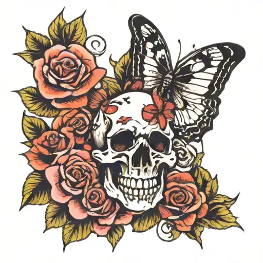 Skull Rose Butterfly Flying