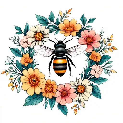Bees With A Ring Of Flowers In A Circle