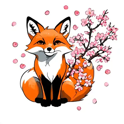 Fox Sitting With Cherry Blossoms Falling