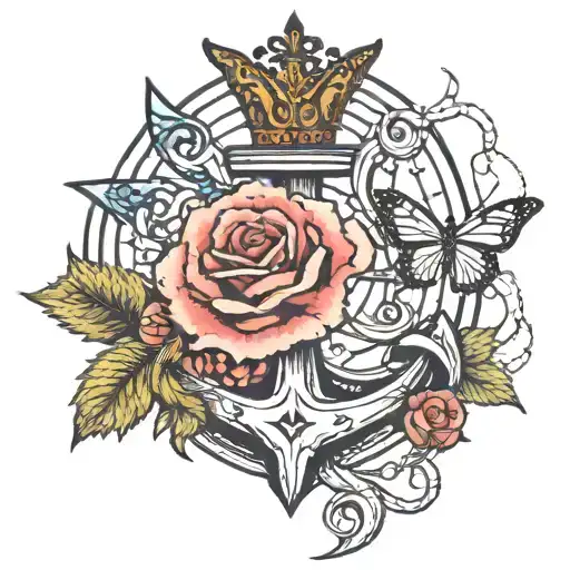 Anchor With Two Roses And A Monarch Butterfly