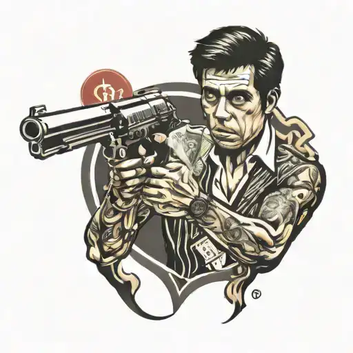 Tony Montana Tattoo On Arm Complete With Ace Heart And Money Symbols And A Gun