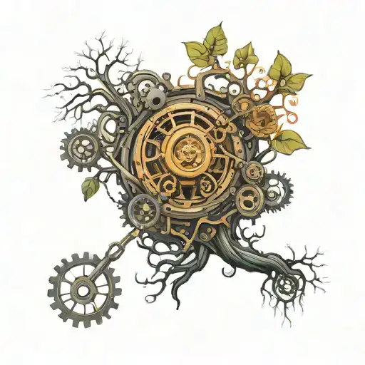 Streampunk Tree With Cogs Pistons And Roots On Top Of A Steampunk Eye