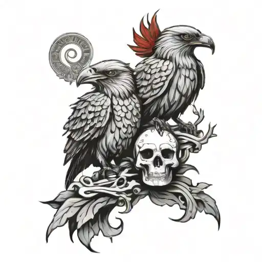 Hugin And Munin Standing On A Horned Skull Black And Grey