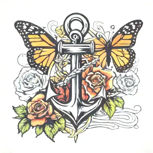 Anchor With Two Roses And A Monarch Butterfly