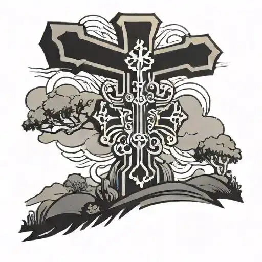 Black Flat Cross On A Hill