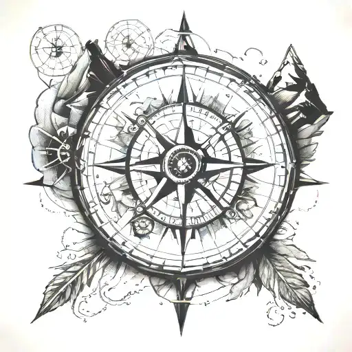 Old Sea Compass With Stary Mountains Around Compass With Ikigai Inscribed On Arrows