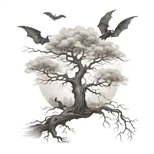 Long Bulky Leafless Tree Surrounded By Fog And Bats