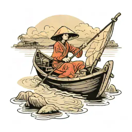 A Vietnamese Woman Riding In A Vietnamese Fishing Boat On A River With Nothing In The Background