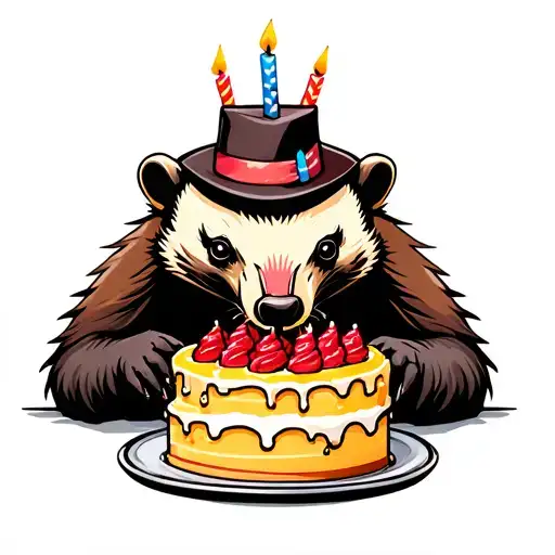 Honey Badger Eating Birthday Cake Wearing A Hat