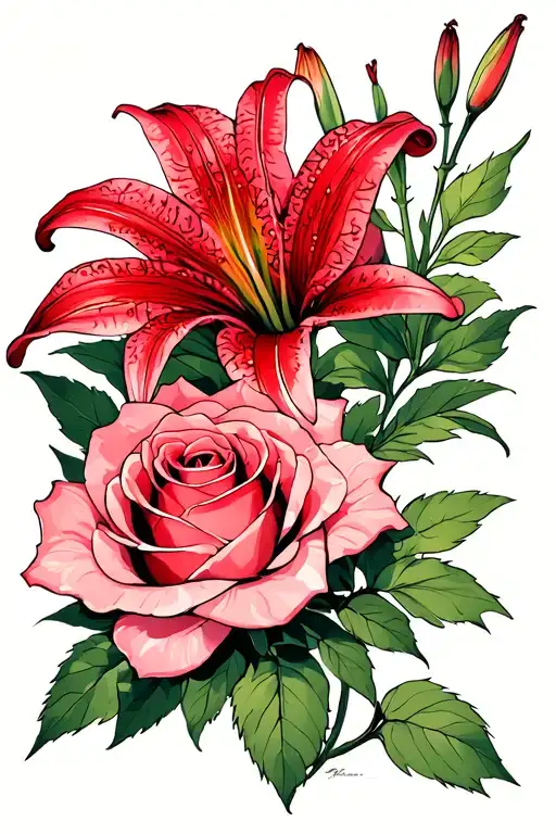 Bone Red Spider Lily And A Pink Rose