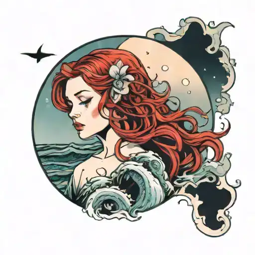 Red-haired Girl And The Sea And The Moon