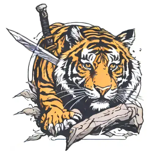 There Is A Sword And A Tiger On A Big Stone