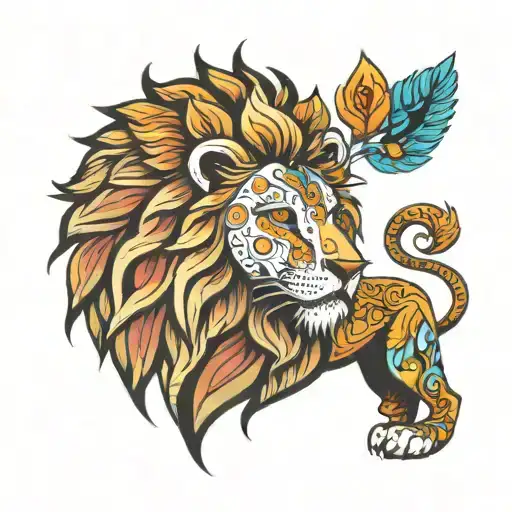 Lion Avec Des Plumes Avec Quelques Fleurs Et Un Mandala Ornemental