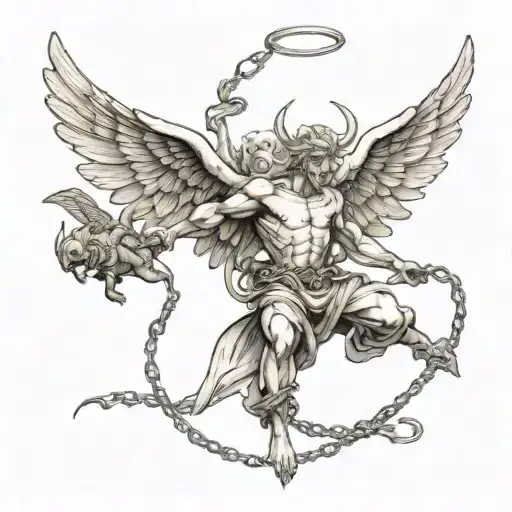 Angel Flying Upwards With Demon Below Trying To Pull It Down With A Chain That Has Snapped