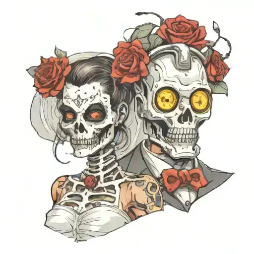 A Chemical Man With A Hazmat Mask And A Bride In A Wedding Dress Who Is Half Robot Half Skeleton