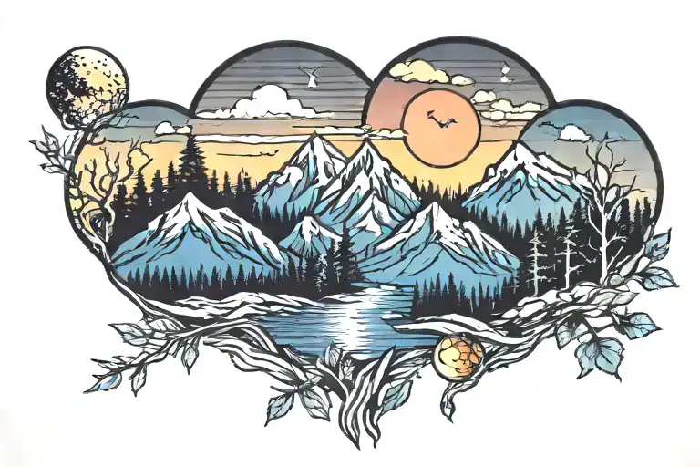 Mountains Sunset Nature Elements Like Trees