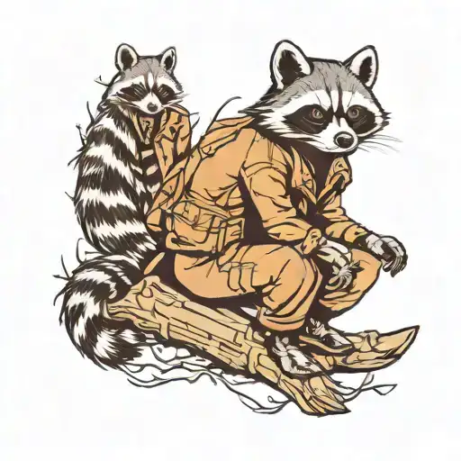 Punk Anarchist Image Style Full Body Gentle Racoon With A Tree