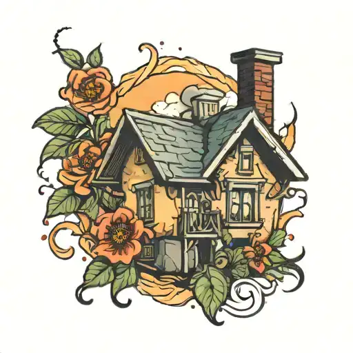 A House With A Flower Coming Out Of The Chimney And The Sun Inside The Window