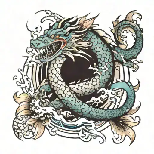 Dragon Swimming Towards Koi Fish Swimming