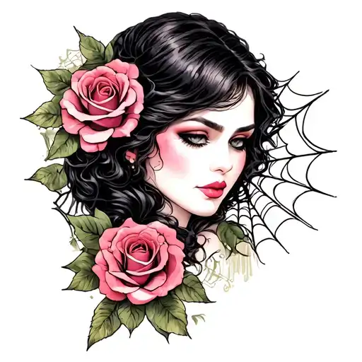 Dark Hair Beautiful Lady With Roses And Cobwebs