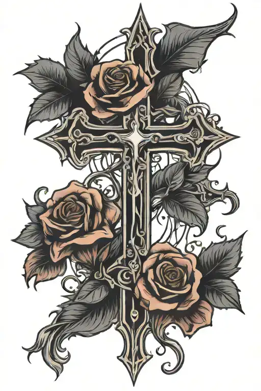 Gothic Cross And Rose Intertwined