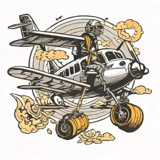 Black And White Tatoo Plane On Air With Pilot On Ground With Luggage