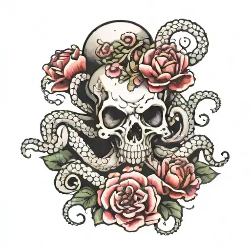 A Octopus On A Beach Holding A Skull With Peonies In The Skulls Eyes