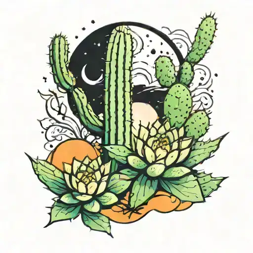 Cactus Leading Towards Bright Shining Full Moon