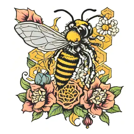 Skeleton Bee Honeycomb And Flowers Intertwined