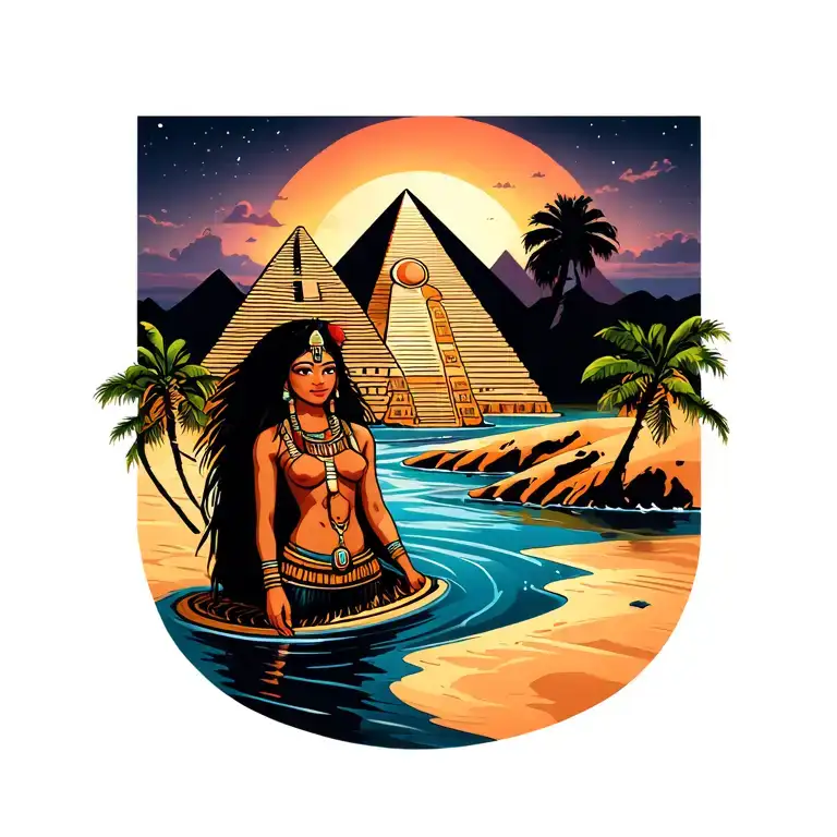 Moana And Egypt Pyramid Moon Desert River