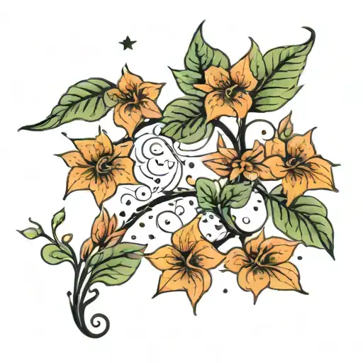 A Fine Line Tatoo Of A Vine With Leaves And Flowers Connecting To A Simple Constellation With Stars