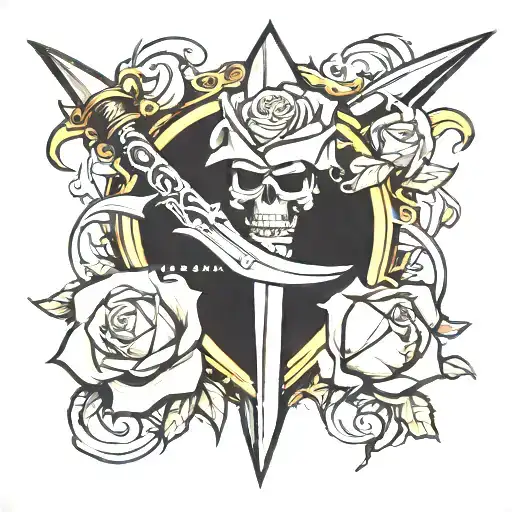 Dagger With White Rose And A Fireball Behind It