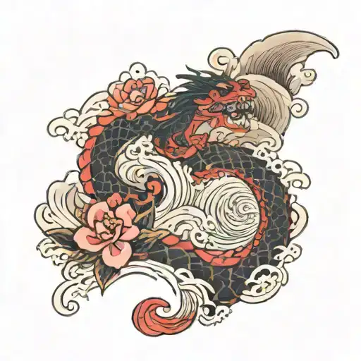 Japan Waves With Red Camelia And Japan Dragon Tattoo