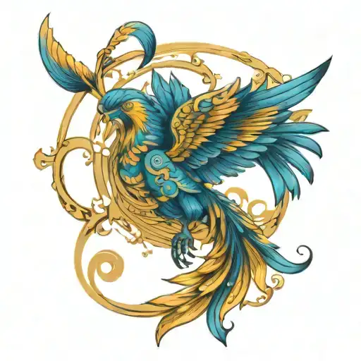 Ave Phoenix En Tonalidades Azules Y Dorado
