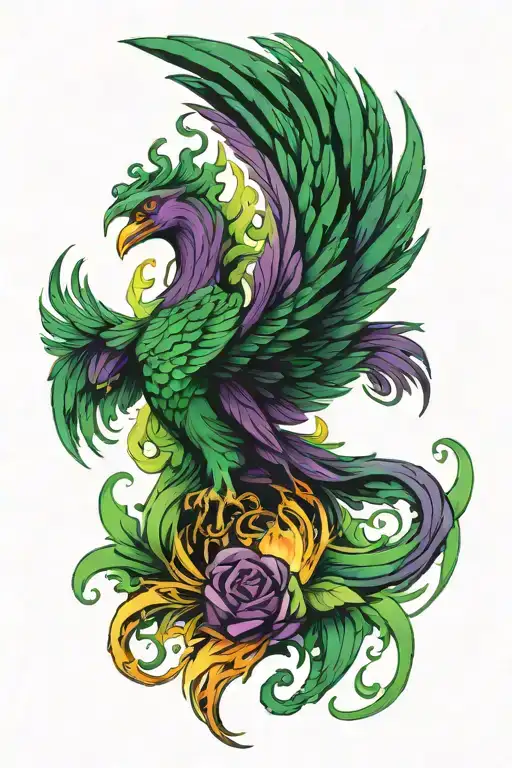 Green And Purple Phoenix Rising From The Ashes