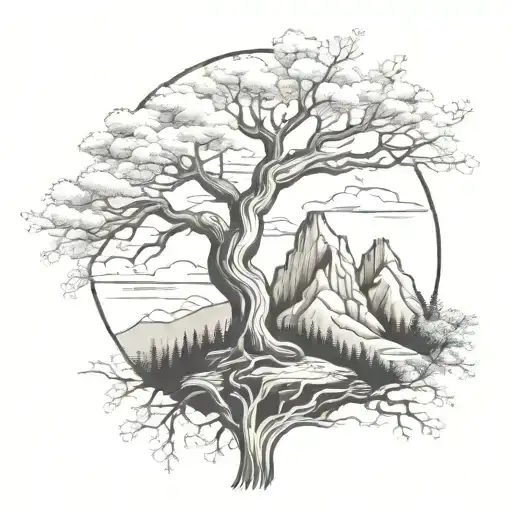 Tree And Mountain Scene Tattoo Coverup Tattoo 4 Inches