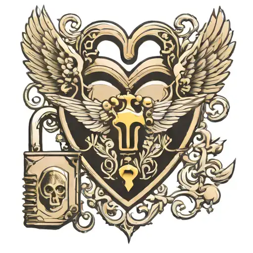 Heart Shaped Padlock With Skeleton Key Hole And Wings
