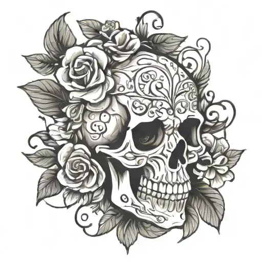 Skull With Flowers And Vines Around It Outline