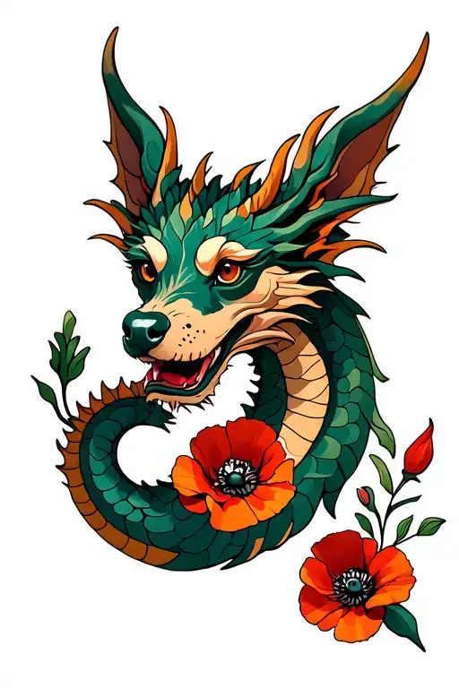 Dragon And Dog Zodiac Sign With Poppy Flower