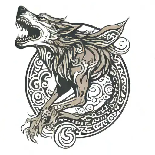 Tribal Wolf Biting The Moon Long Hair