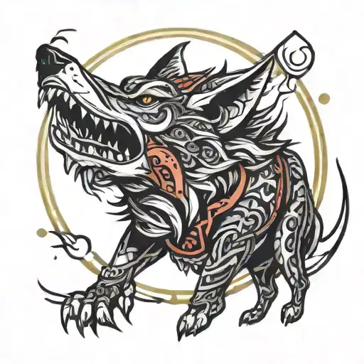 Tribal Wolf Biting The Moon