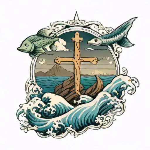 Cross On The Cliff Ocean Waves Ocean Below With Fish