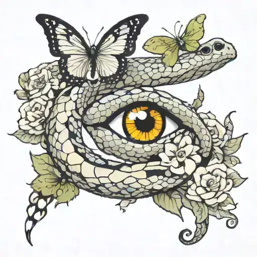 A Snake Wrapped Around An Eye With Flowers And Butterflies